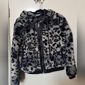 Black and Gray Patterned Faux Fur Jacket